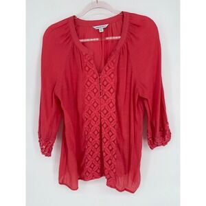 Counterparts Red Embroidered Eyelet Lace V-Neck 3/4 Sleeve Rayon Top Womens Sz L